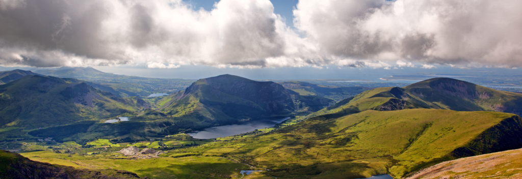 Mountains, lake, clouds.